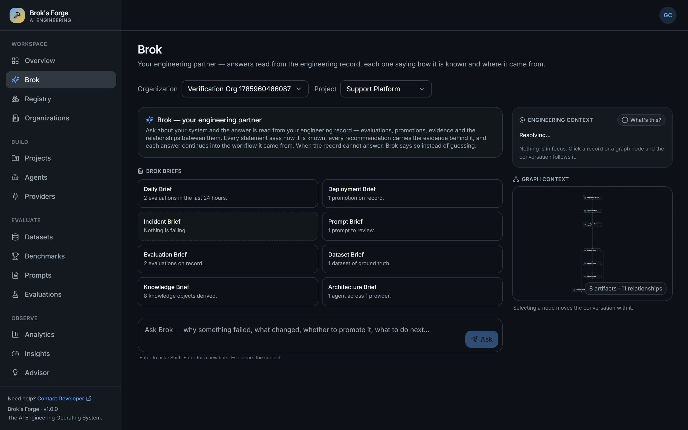 Brok's briefing surface, showing daily, deployment, incident, prompt, evaluation, dataset, knowledge and architecture briefs derived from the engineering record.